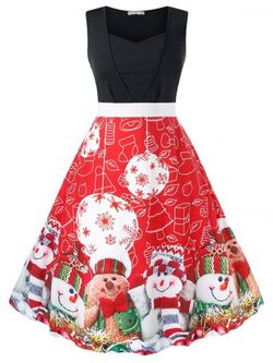 Plus Size Christmas Printed Vintage Party Dress - RED - L
