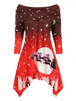 Plus Size Christmas Off Shoulder Foldover Printed Dress - RED - 3X