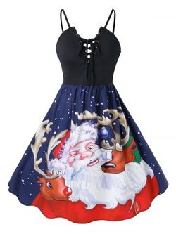 Plus Size Christmas Santa Claus Elk Print Lace Up Party Dress - BLACK - 4X