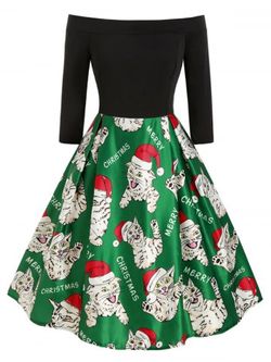 Plus Size Christmas Off Shoulder Cat Print Party Dress - CLOVER GREEN - 5X