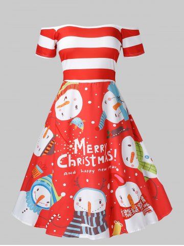 Plus Size Christmas Off The Shoulder Snowman Print Dress