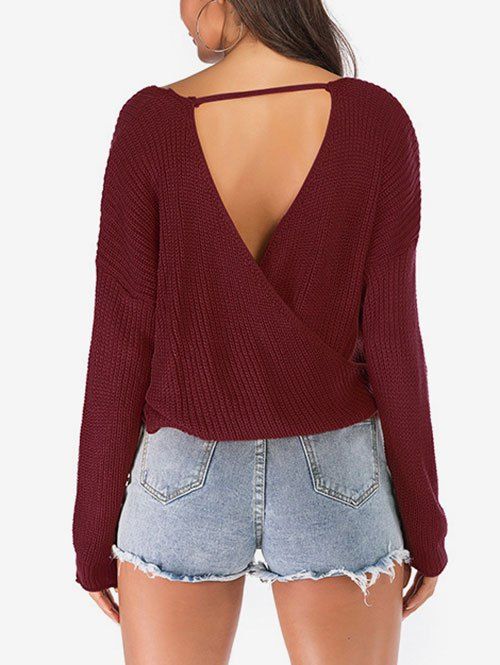 

Solid Color Loose Surplice Sweater, Red wine