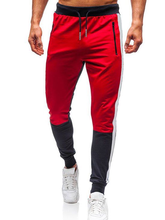 

Zipper Pocket Splicing Drawstring Jogger Pants, Red