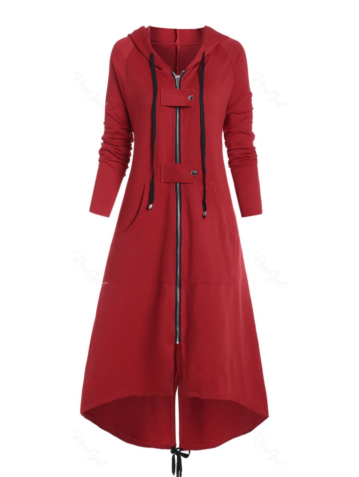Manteau Long Haut Bas Bouclé Grande Taille avec Poche en Avant Rouge 1X