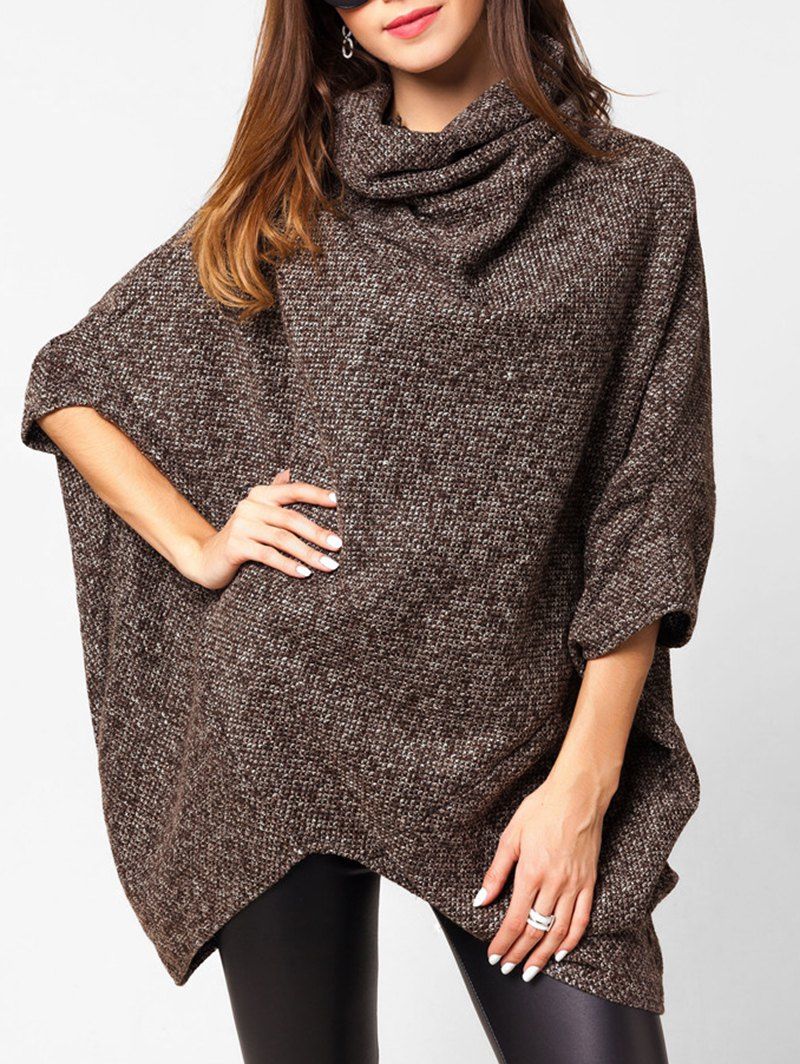 

Cowl Neck Heathered Longline Cape Sweater, Coffee