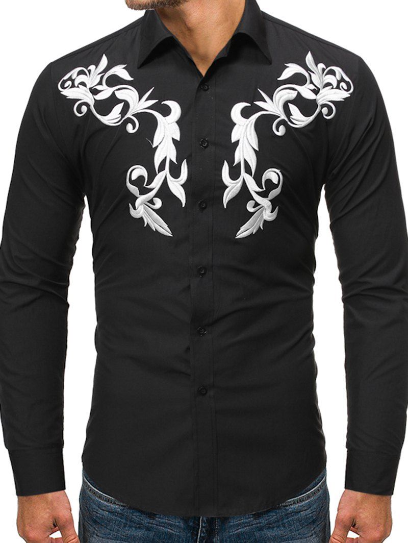 

Embroidered Button Up Long-sleeved Shirt, Black