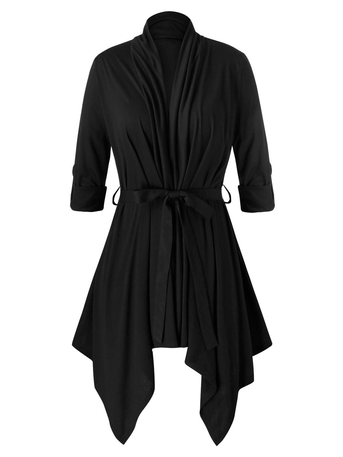 

Plus Size Roll Up Sleeve Belted Asymmetric Cardigan, Black
