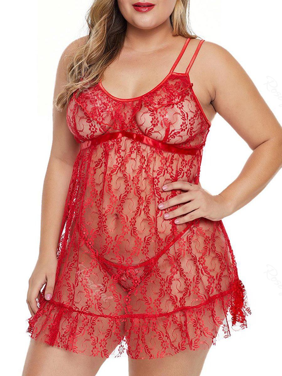 

See Thru Flounces Strappy Lace Plus Size Babydoll With T-back, Red