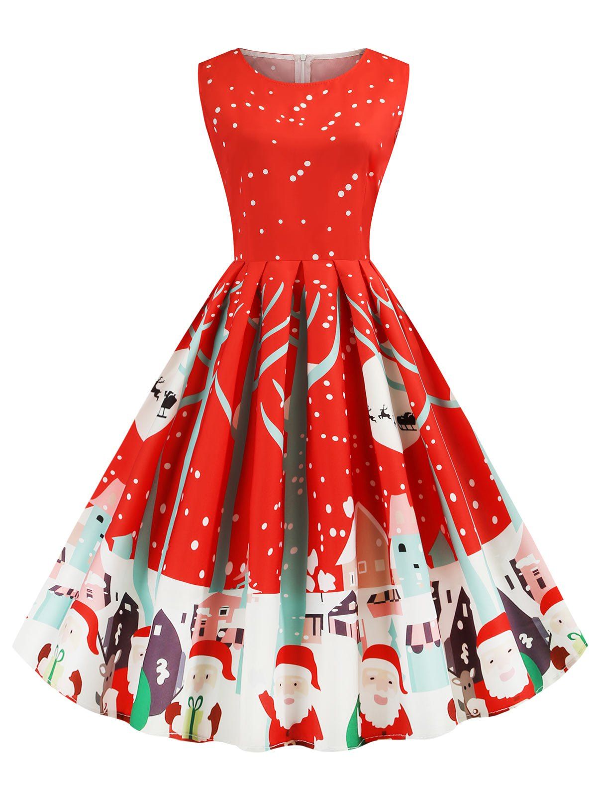 

Santa Claus Snowflake Reindeer Christmas A Line Dress, Red