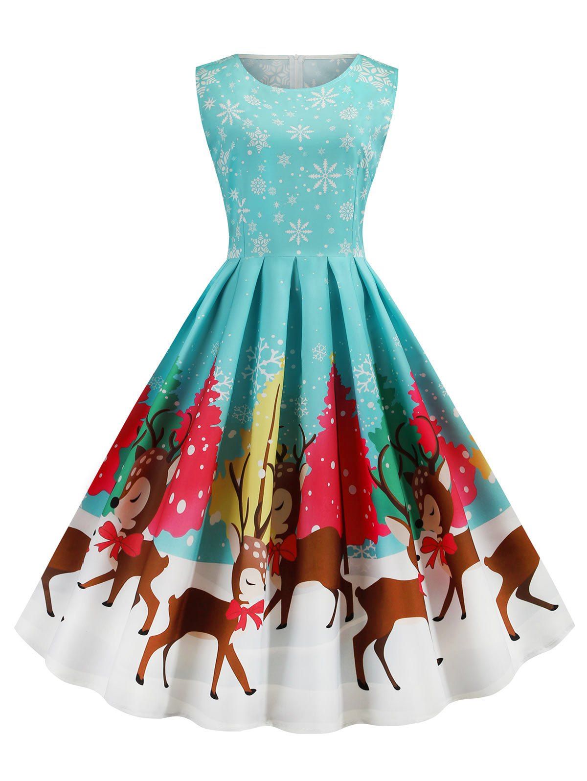 

Santa Claus Snowflake Reindeer Christmas A Line Dress, Crystal blue