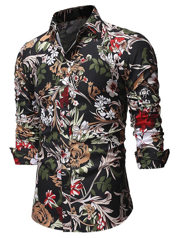 

Floral Design Button Up Long-sleeved Shirt, Black