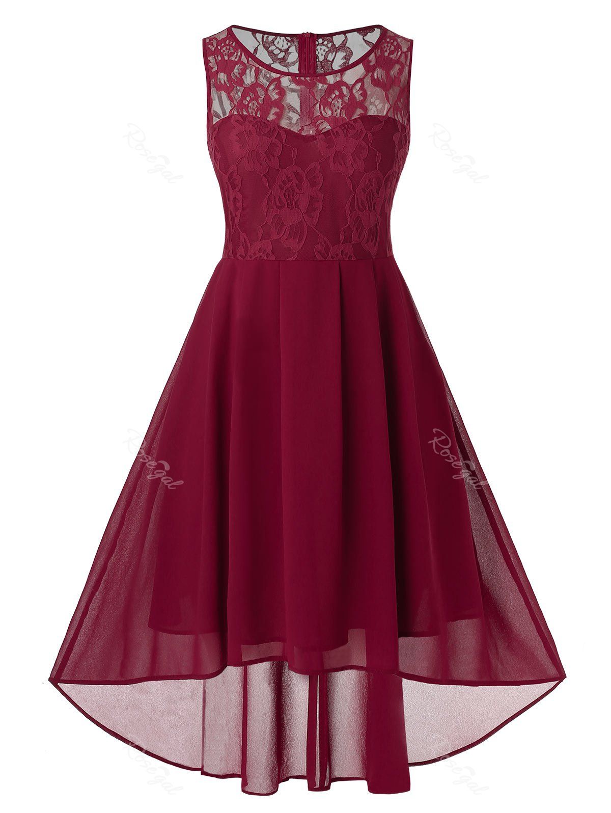 

Plus Size Lace Insert High Low Party Dress, Red wine