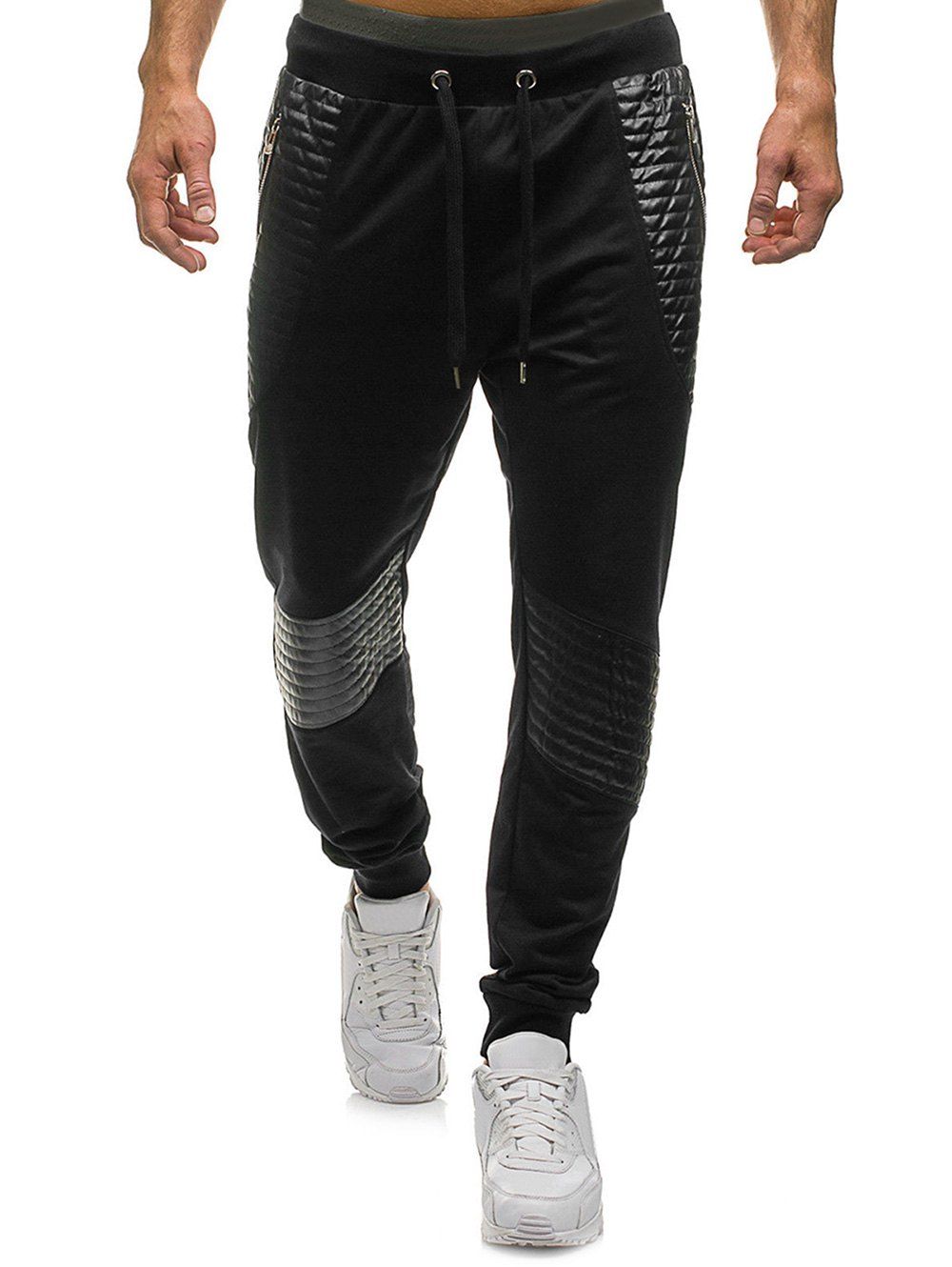 

Pleated Patchwork Splicing Drawstring Sport Jogger Pants, Black
