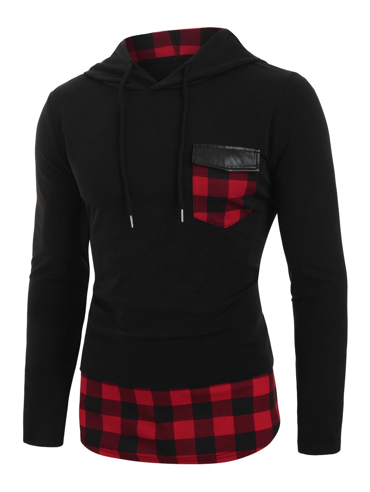 

Plaid Print Pocket Faux Twinset Pullover Hoodie, Black
