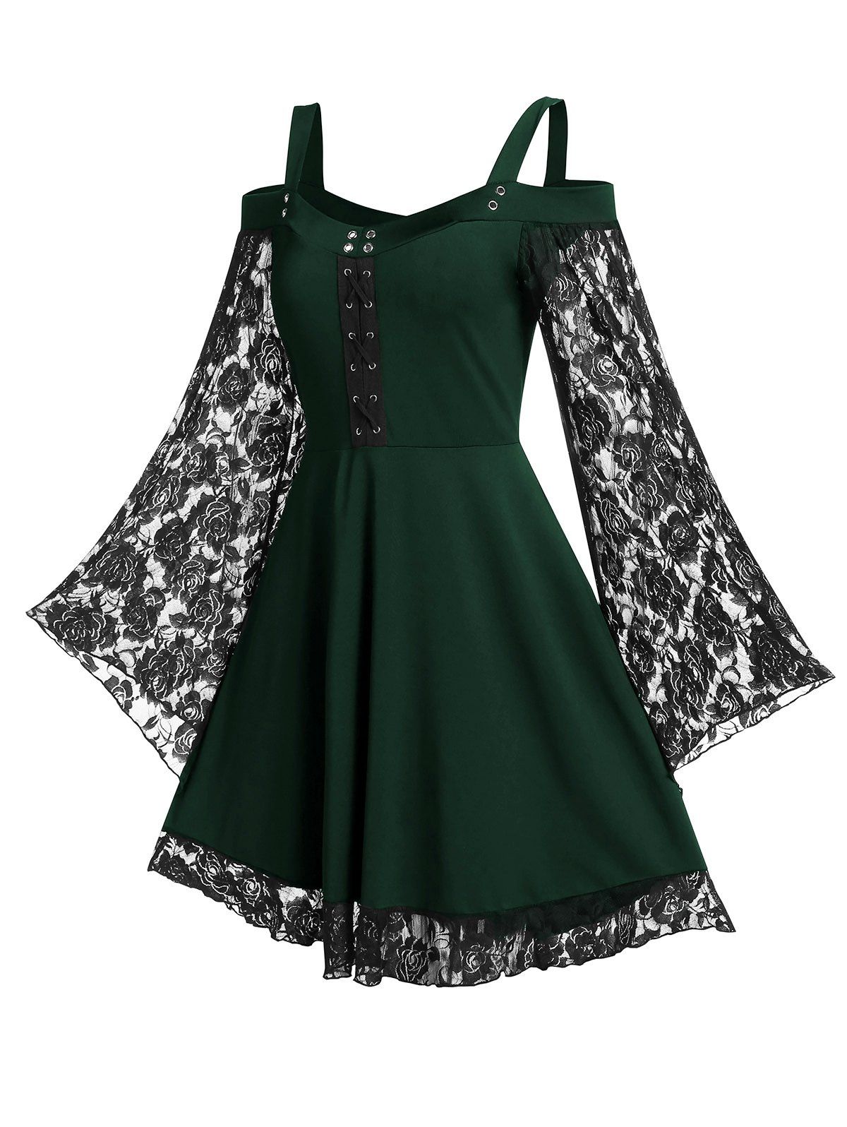 

Open Shoulder A Line High Waist Dress, Dark green