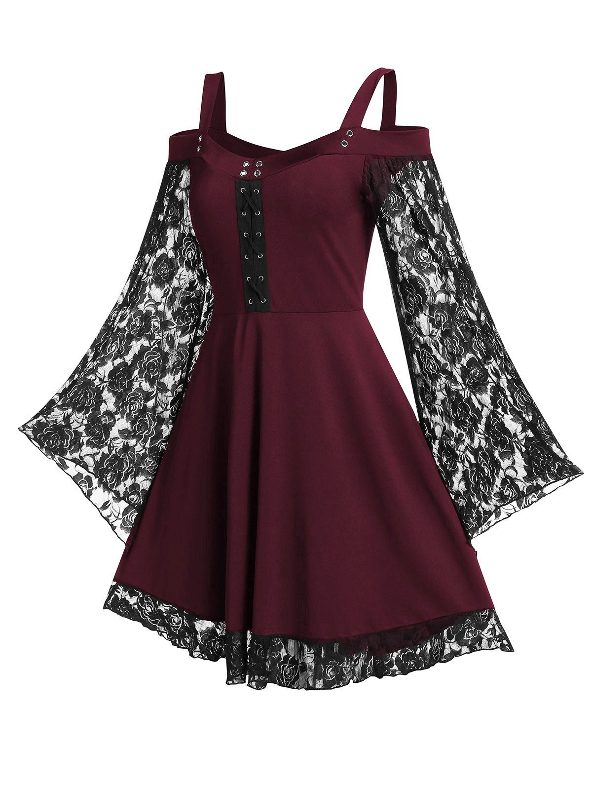 

Open Shoulder A Line High Waist Dress, Red wine