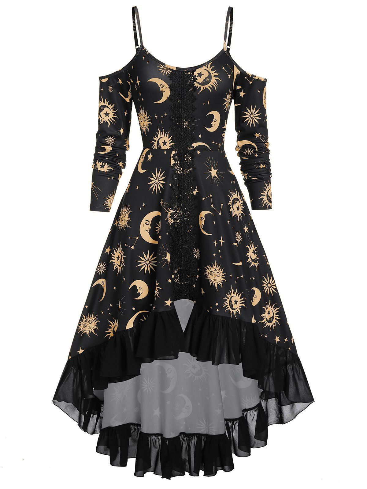 

Spaghetti Strap Open Shoulder Sun and Moon Print Gothic Dress, Bronze