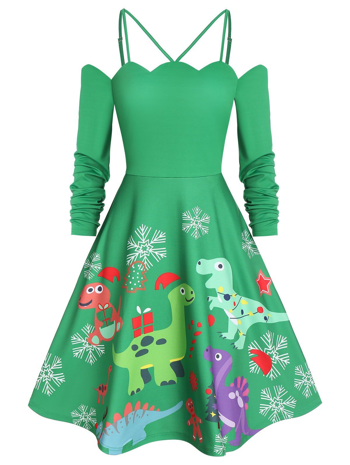 

Dinosaur Print Christmas Fit and Flare Dress, Yellow green