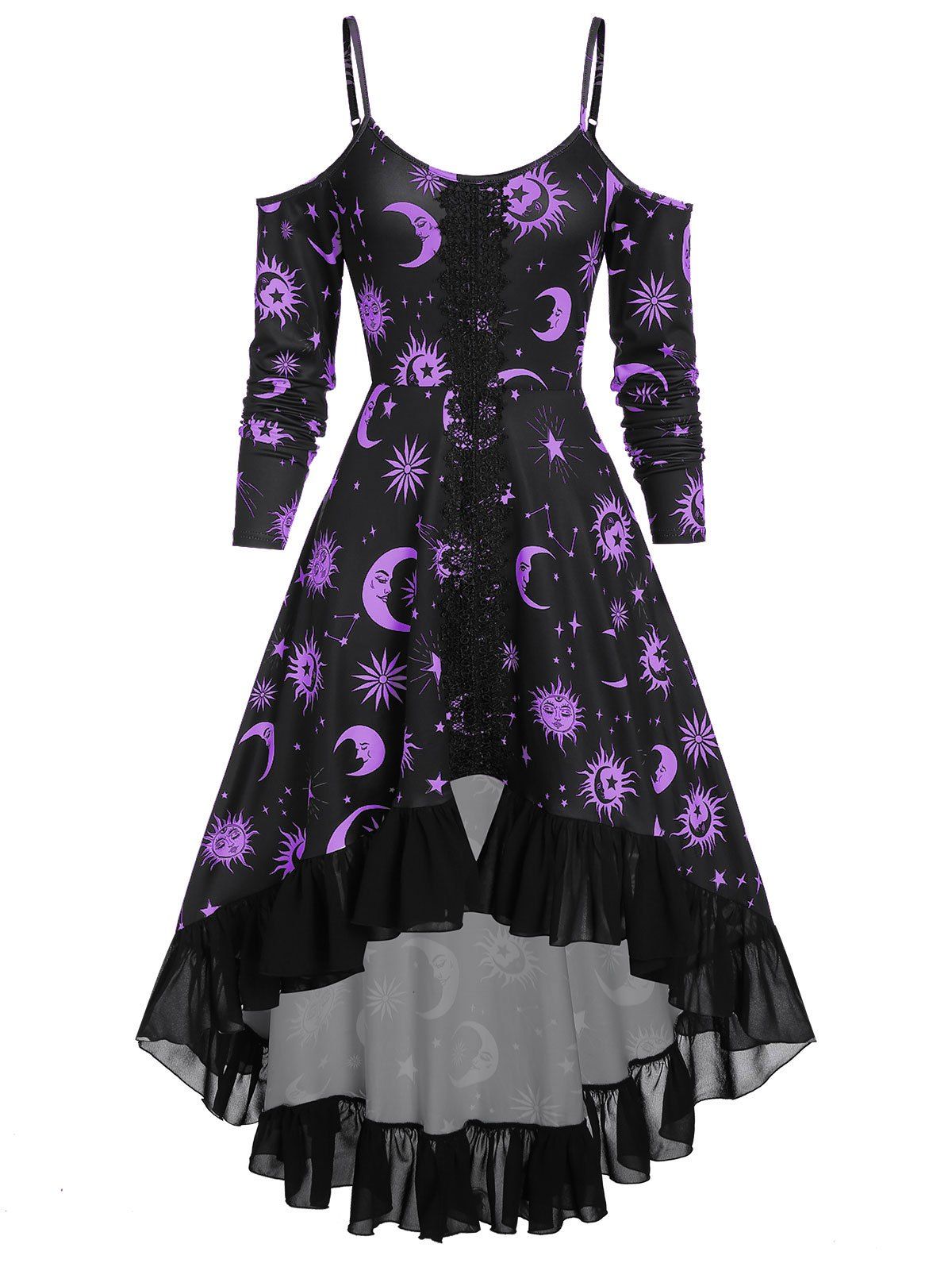 

Spaghetti Strap Open Shoulder Sun and Moon Print Gothic Dress, Purple