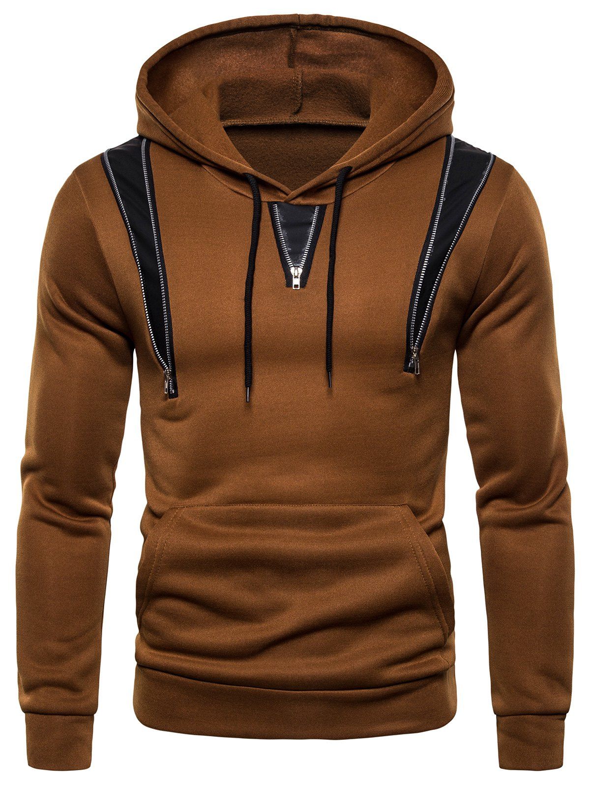 

Zipper Decorated Color Spliced Casual Hoodie, Brown bear