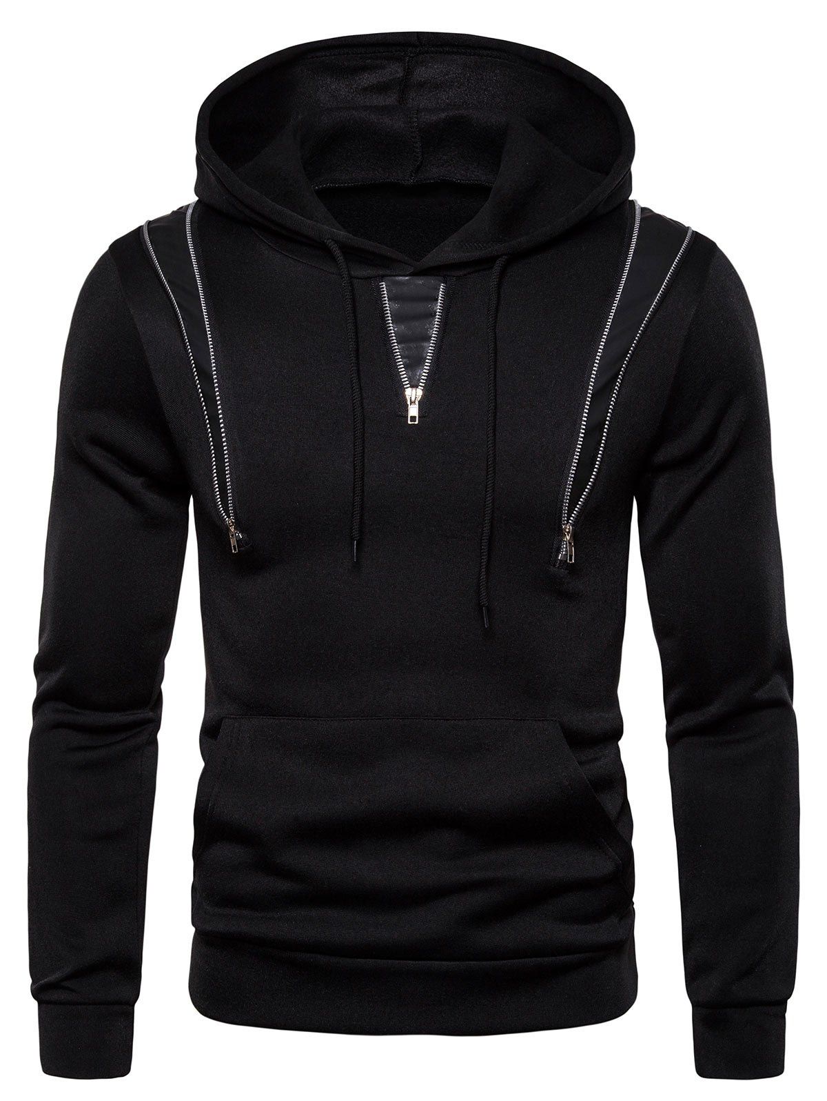 

Zipper Decorated Color Spliced Casual Hoodie, Black