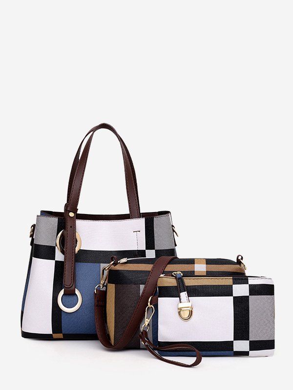 

3Pcs Grid Striped Handbag Shoulder Bag Set, Sky blue