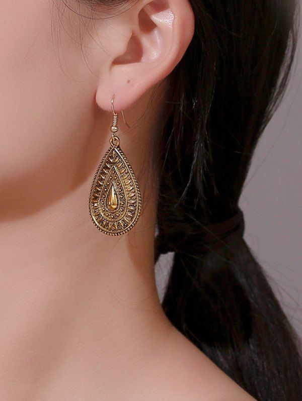 

Ethnic Water Drop Engraved Earrings, Gold