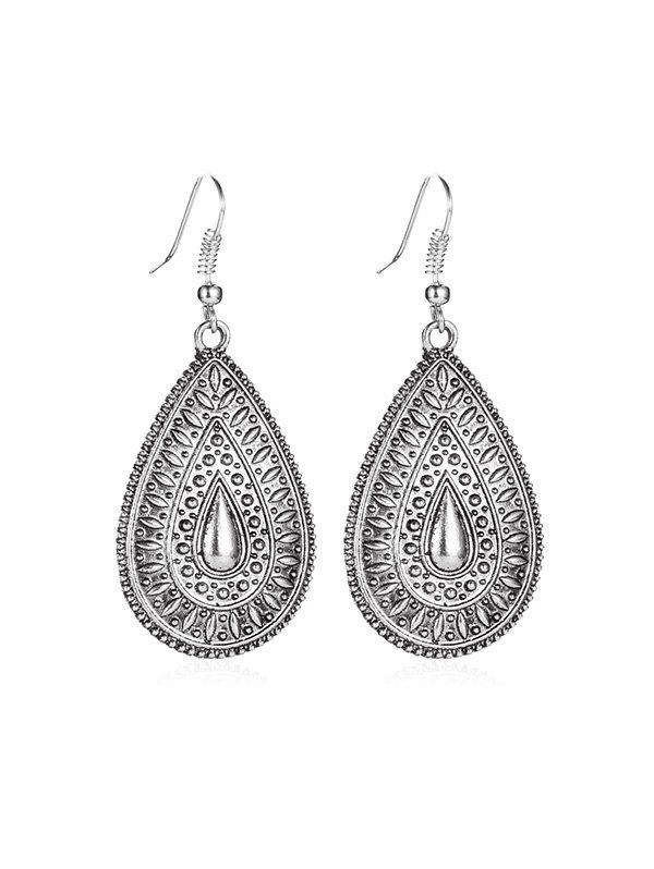 

Ethnic Water Drop Engraved Earrings, Silver