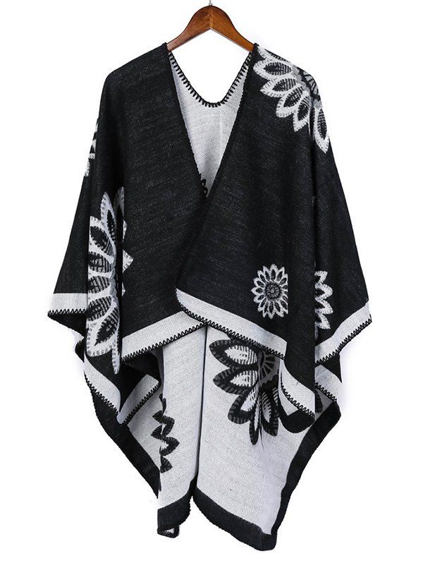 

Ethnic Color-blocking Floral Print Long Shawl, Black
