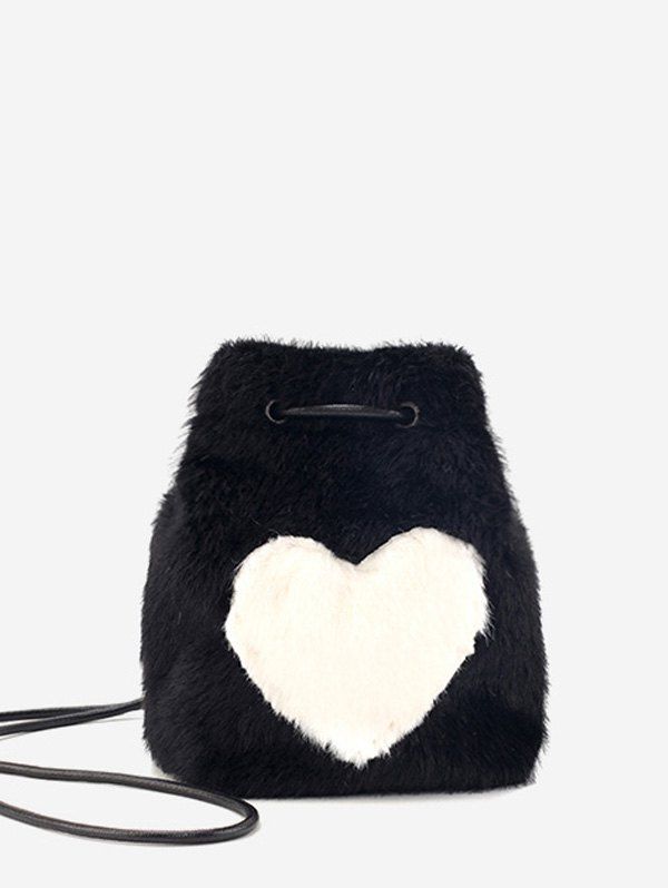 

Heart Pattern Faux Fur Mini Crossbody Bag, Black