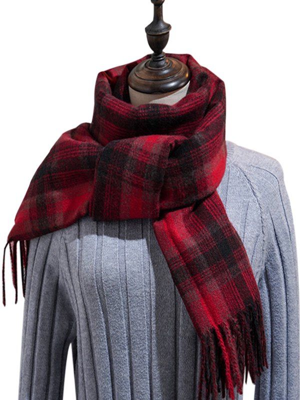 

British Style Plaid Fringe Long Scarf, Red