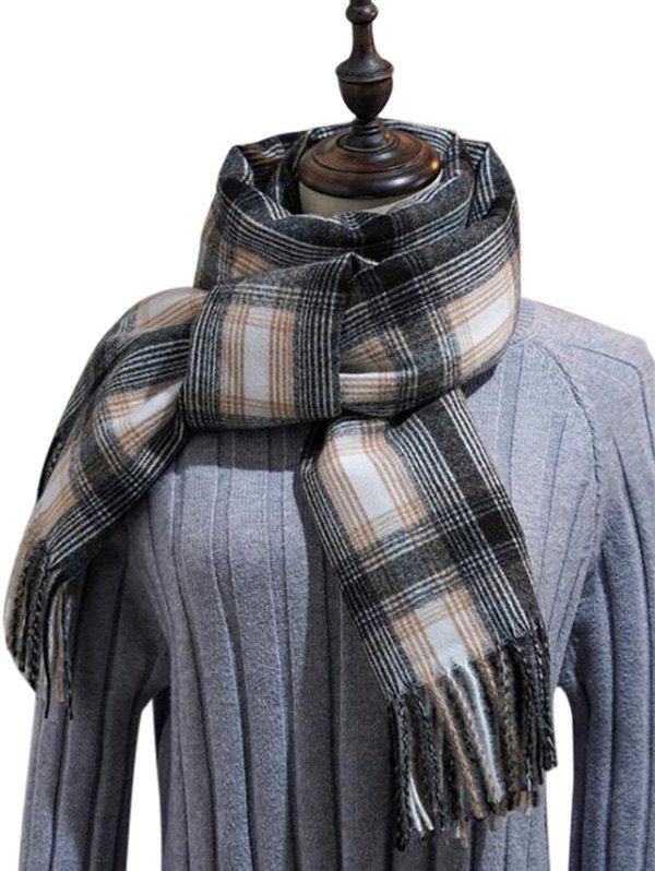 

British Style Plaid Fringe Long Scarf, Dark gray