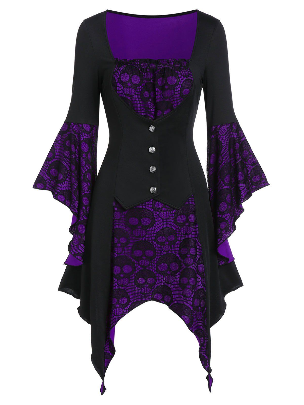 

Halloween Skull Lace Insert Poet Sleeve Handkerchief Faux Twinset Dress, Purple amethyst