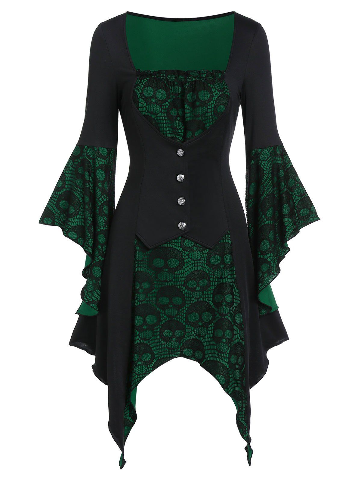 

Halloween Skull Lace Insert Poet Sleeve Handkerchief Faux Twinset Dress, Greenish blue