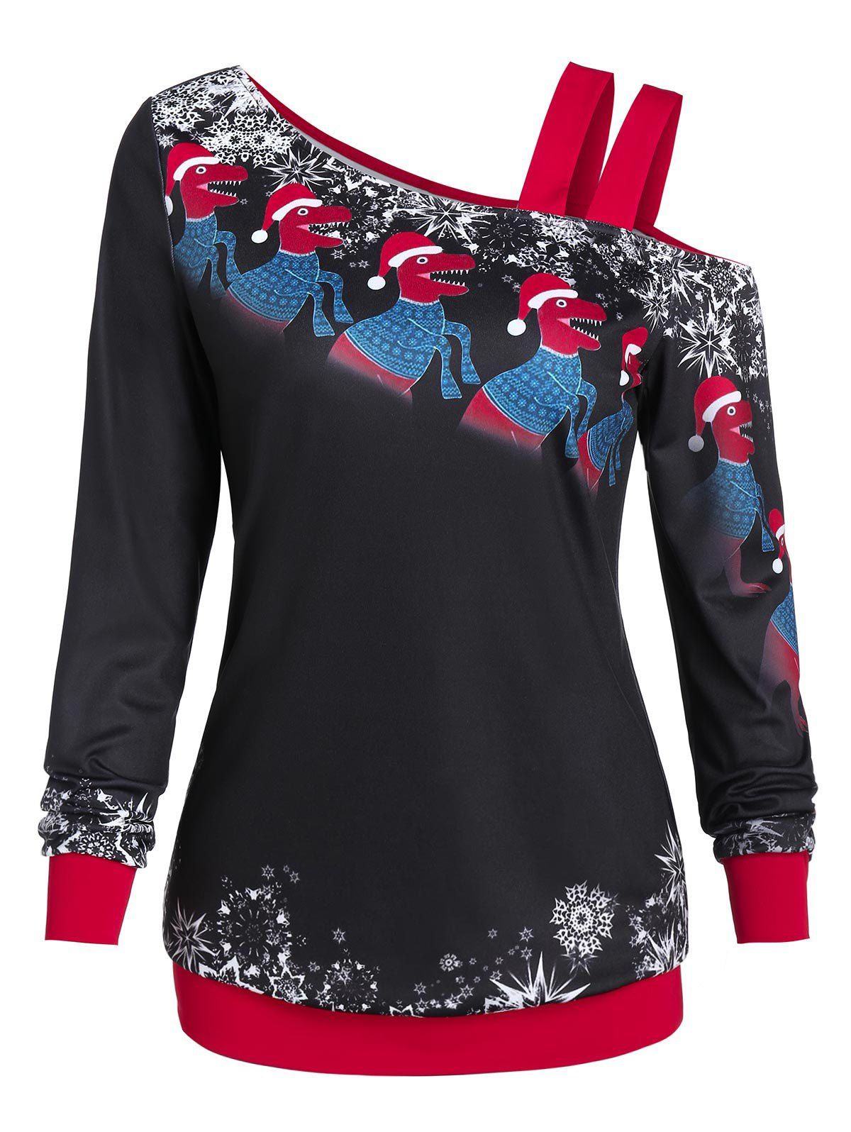 

Christmas Funny Dinosaur Snowflake Open Shoulder Sweatshirt, Black