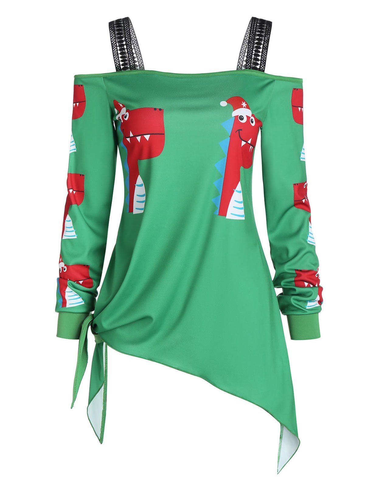 

Cold Shoulder Dinosaur Print Knotted Christmas Sweatshirt, Jungle green