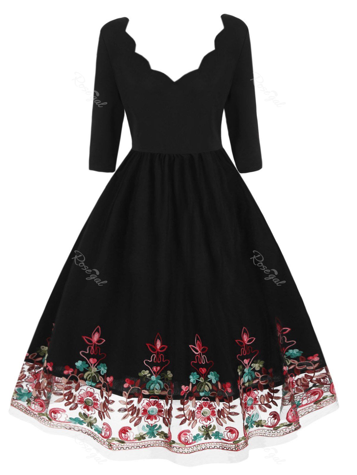 

Plus Size Vintage Floral Embroidered Pin Up Dress, Black