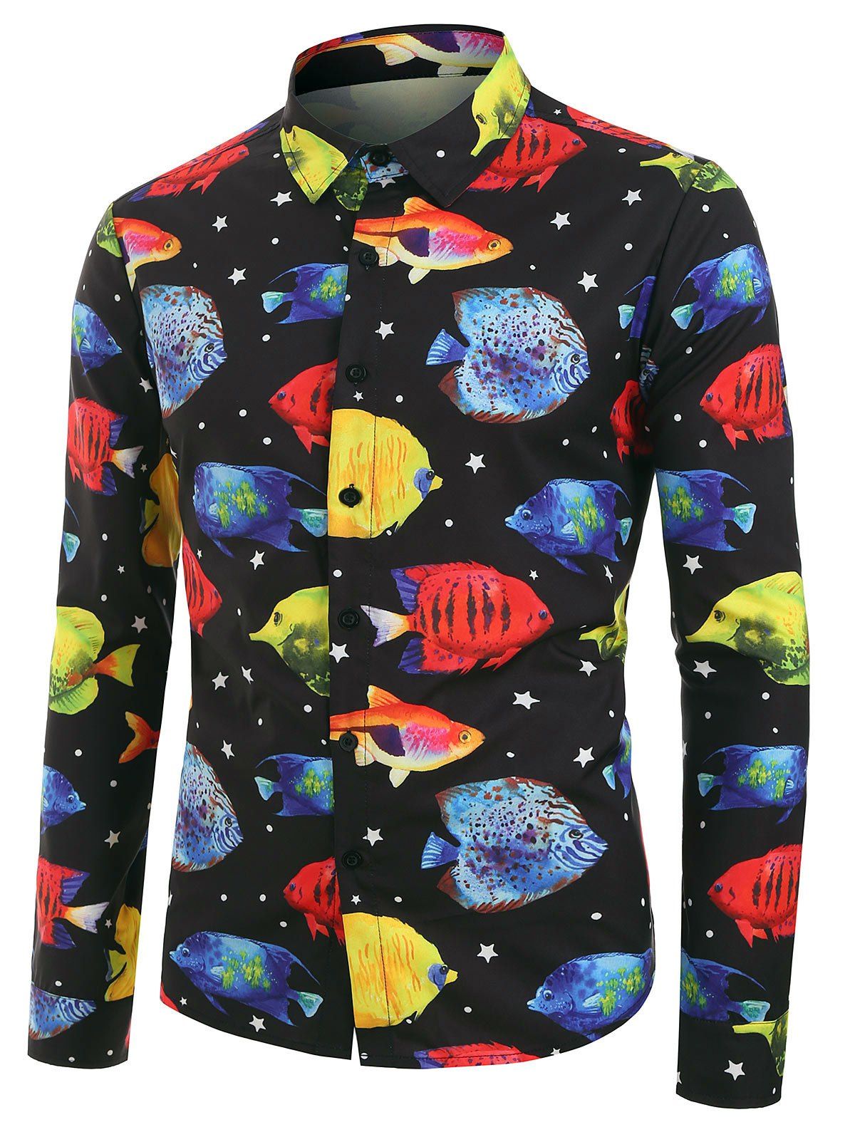 

Plus Size Colorful Fish Print Button Up Long Sleeve Shirt, Multi