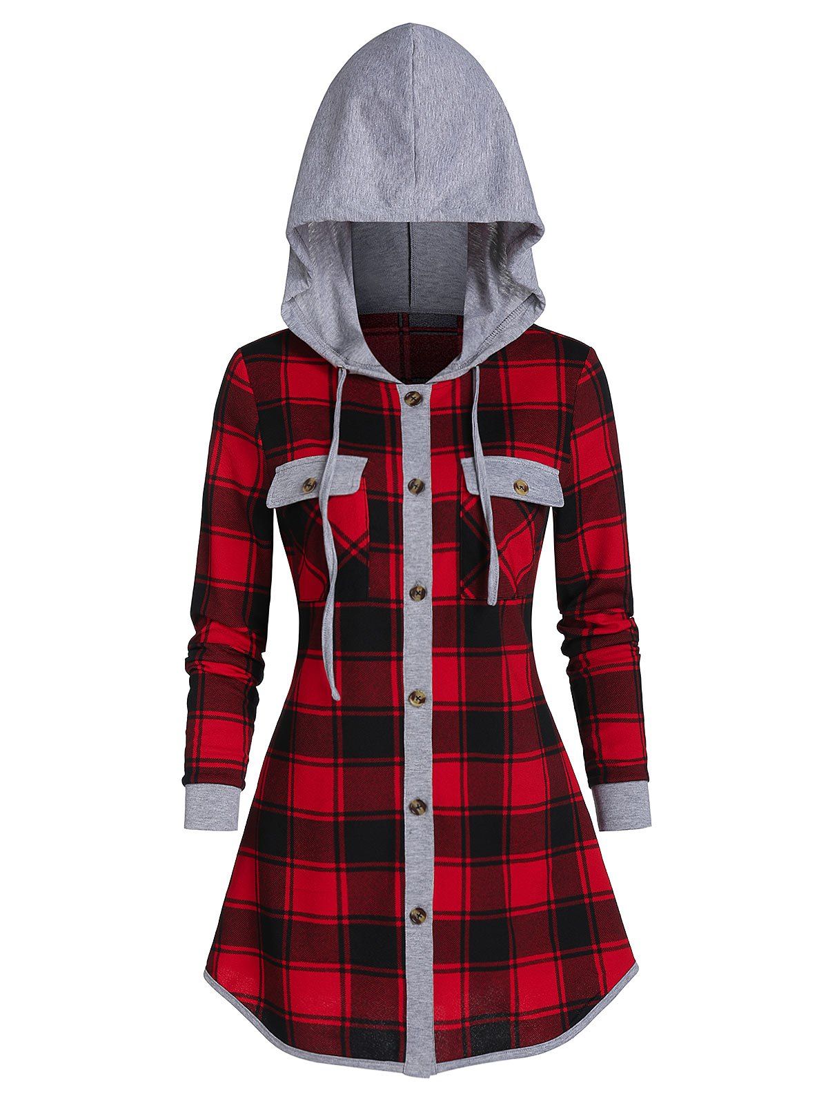 

Hooded Plaid Print Button Up Double Pocket Shirt, Black