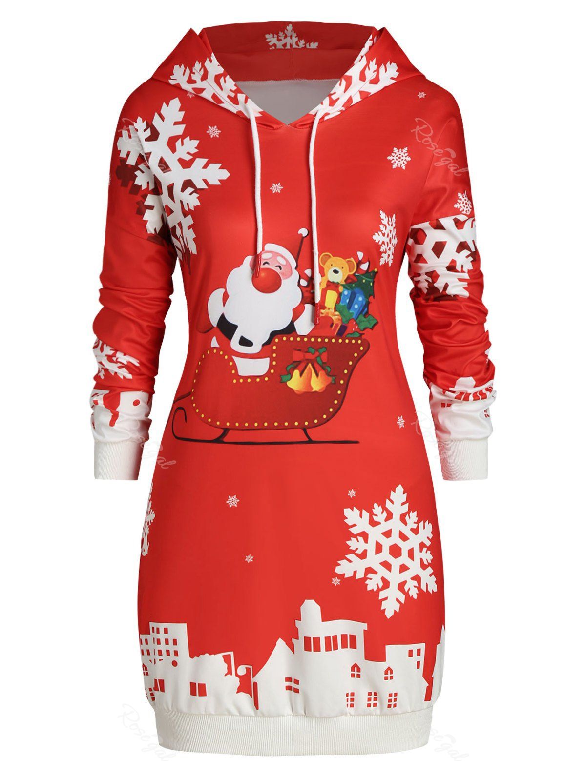 

Plus Size Christmas Snowflake Santa Claus Print Pullover Hoodie, Red