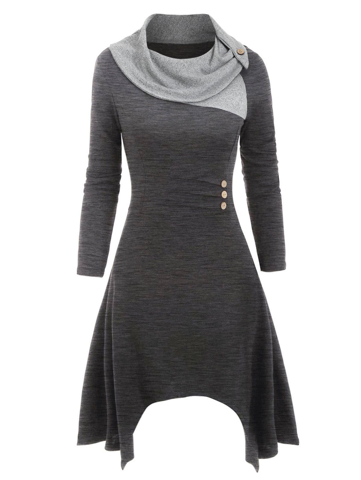 

Cowl Neck Mock Button Knitted Midi Dress, Dark gray