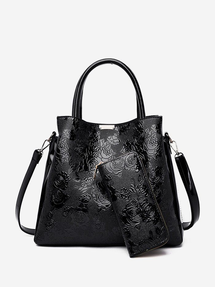 

Emboss Rose Pattern Handbag Set, Black