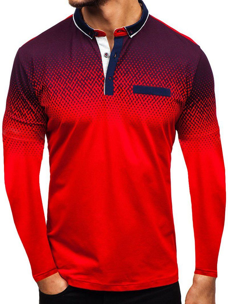 

Gradient Faux Pocket Turn Down Collar T Shirt, Red