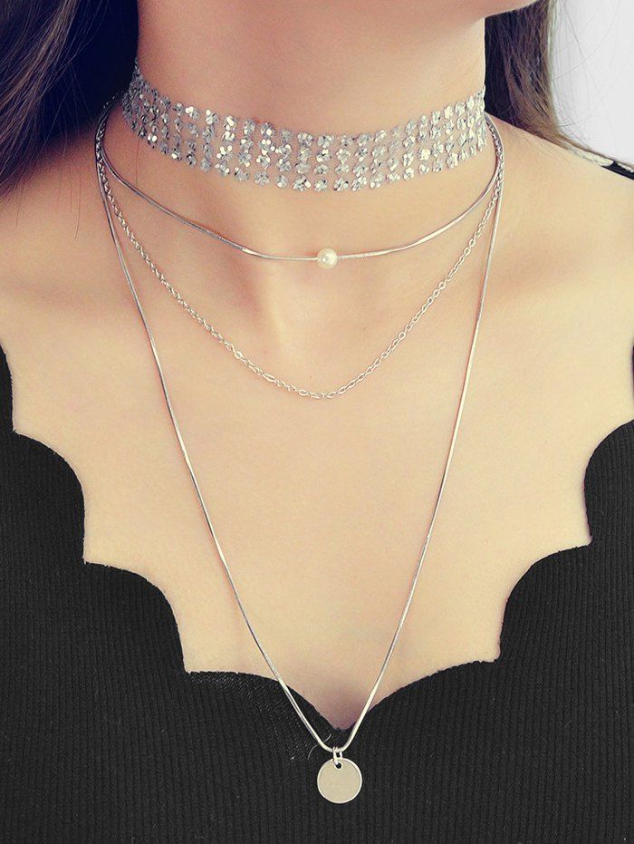 

2Pcs Mesh Choker Faux Pearl Layers Necklace Set, Silver