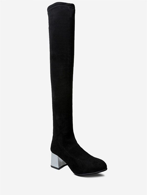 

Metallic Chunky Heel Brushed Thigh High Boots, Black
