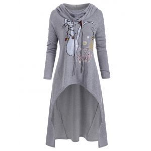 

Plus Size Christmas Hooded Cat Print Asymmetric Sweater, Multi a