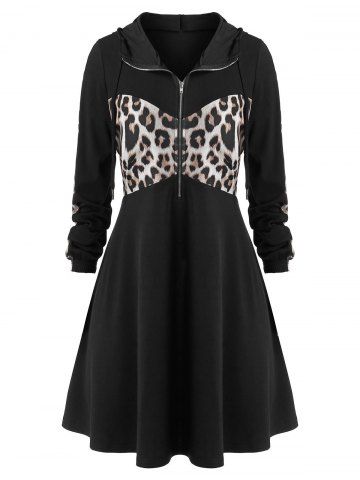 

Plus Size Leopard Half Zip A Line Tunic Hoodie, Black