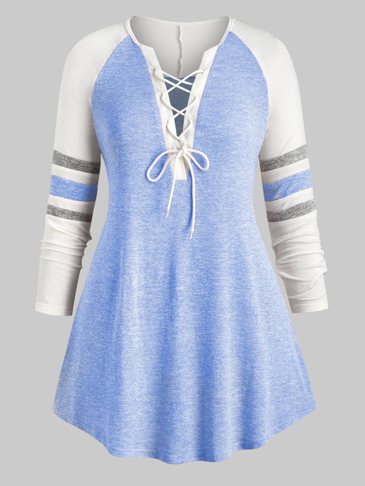 

Plus Size Lace Up Heathered Striped V Neck Tee, Blue