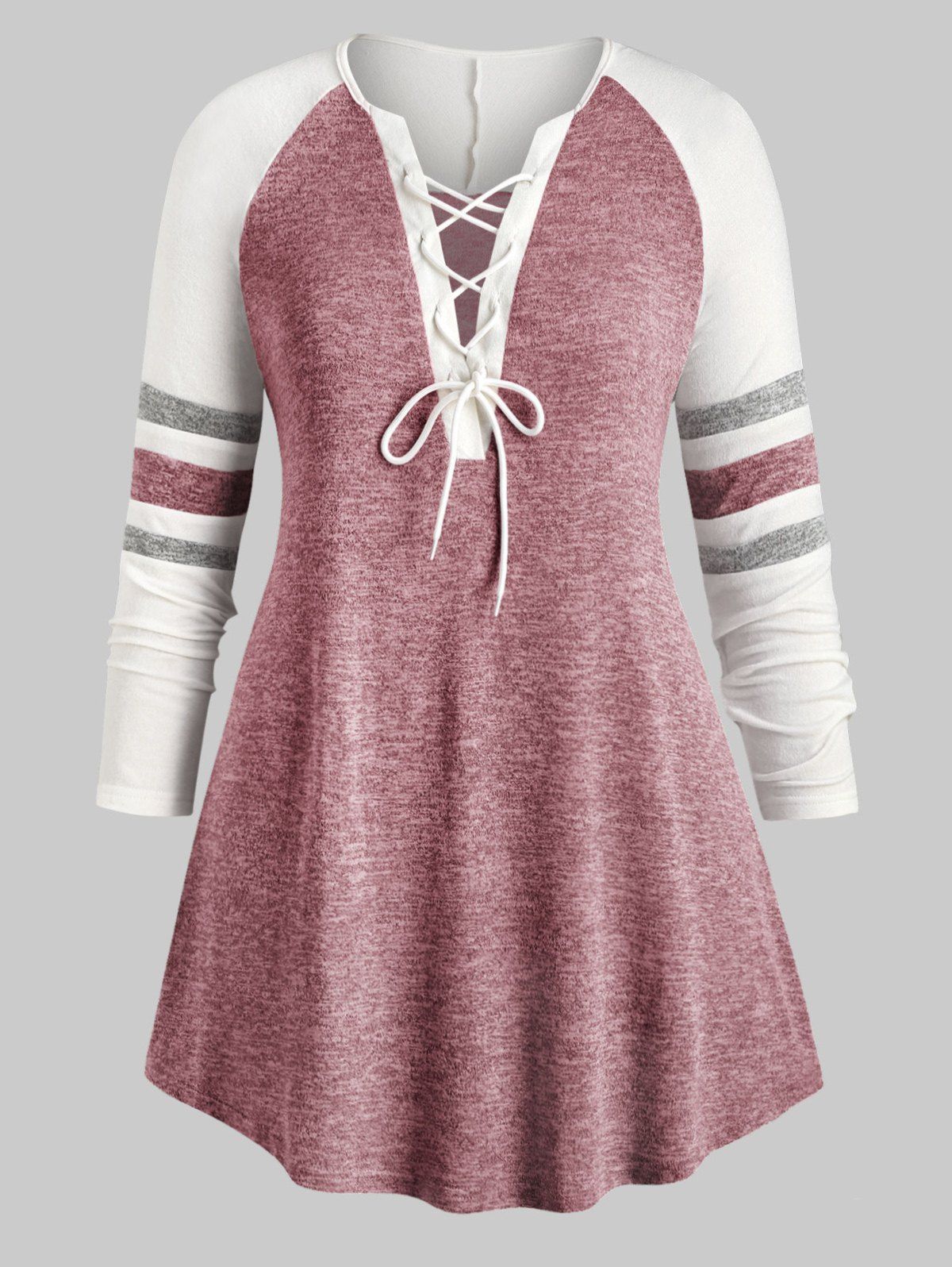 

Plus Size Lace Up Heathered Striped V Neck Tee, Red wine