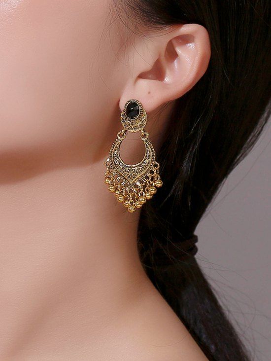 

Ethnic Carved Beads Fringe Faux Gem Earrings, Gold